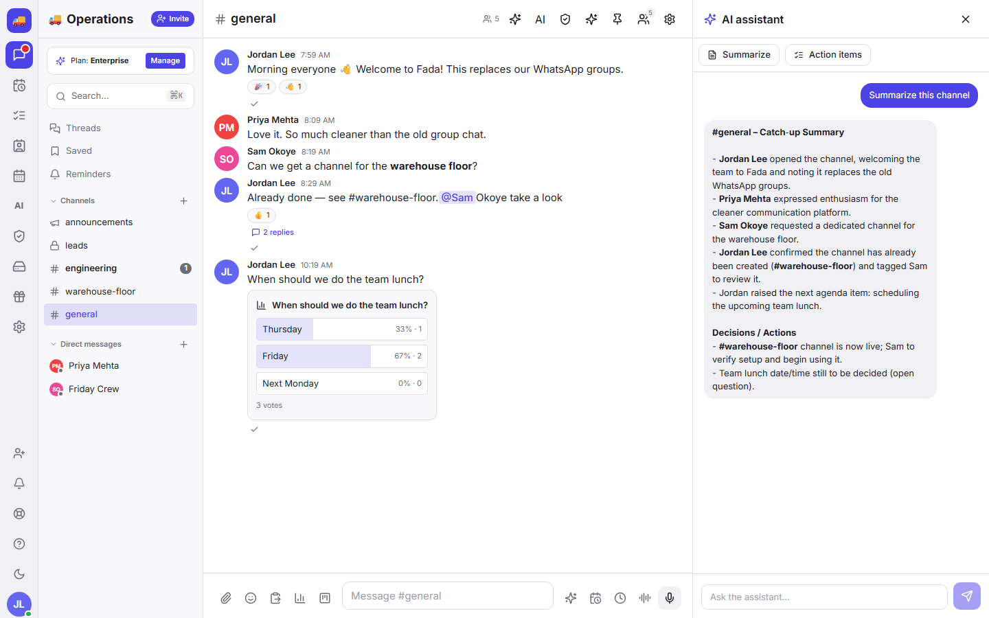 Fada AI teammate summarizing a team channel and its action items