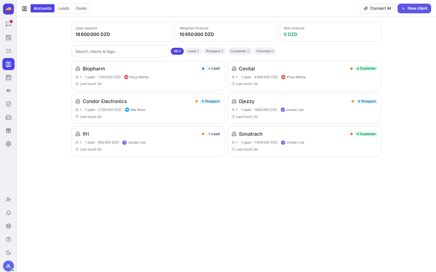Fada client list with contacts, deals and sales totals