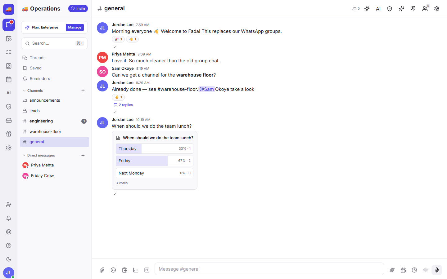 Fada chat with channels, threads and reactions