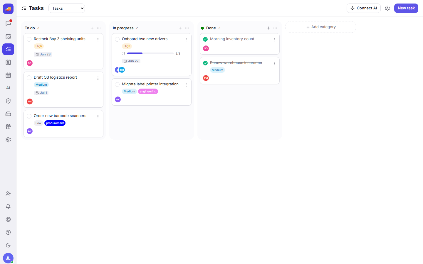 Fada task board with To do, In progress and Done columns